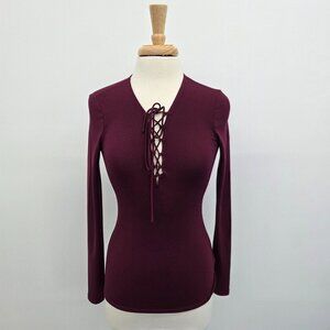 Express Womens Long Sleeve Blouse Size Small Lace Up Neck Stretch Top Burgundy